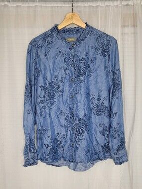 Style & Co Paisley Chambray Shirt Large Button Up Ruffle Trim LightWeight